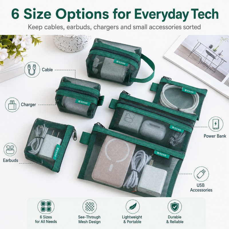 6PCS Mesh Tech Organizer Pouch - مراجعة Office Tech Backpack وسعره
